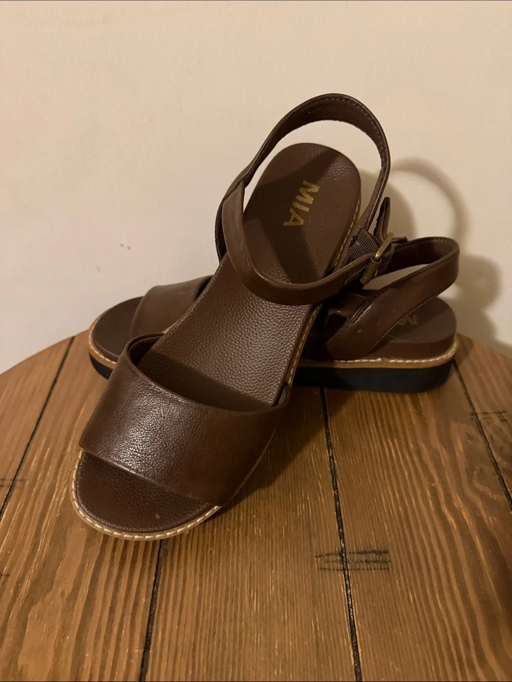 MIA Dark Brown Leather Wedge Slingback Sandals